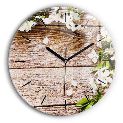 Ceas perete din sticlă rotund Flori pe lemn