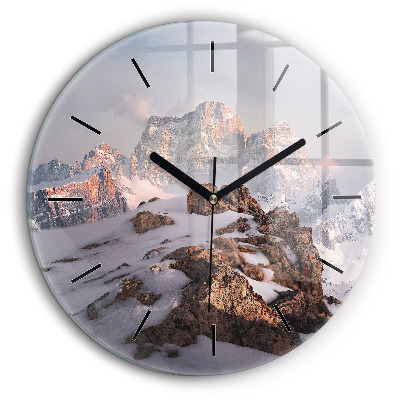 Ceas de sticlă pe perete rotund Munte acoperit cu zăpadă